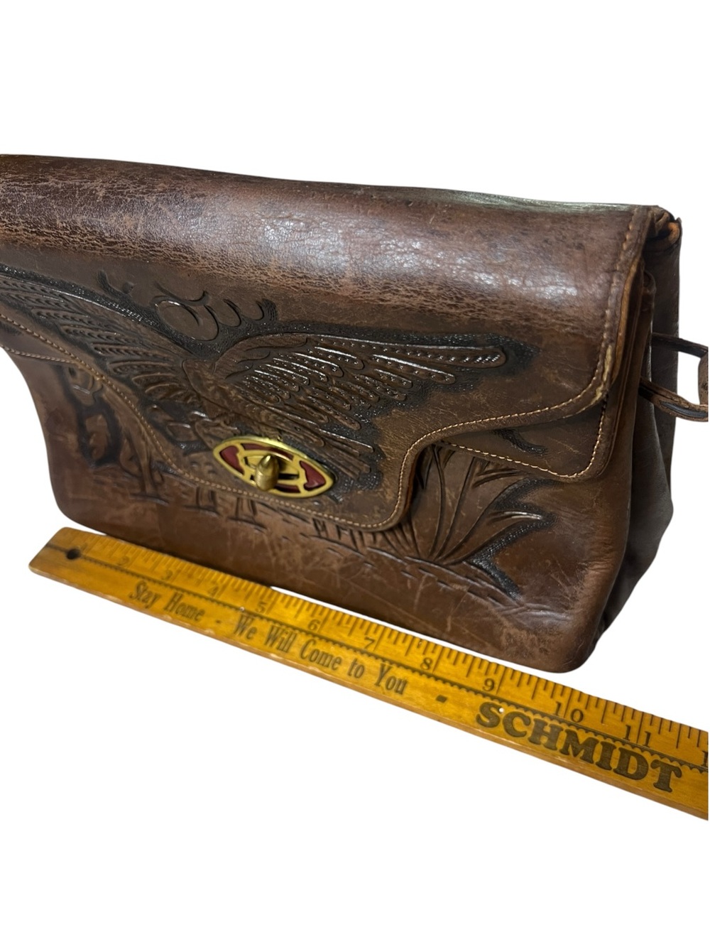 Vintage Mexican Tooled Leather Eagle Aztec Calendar Crossbody Bag Purse - Picture 12 of 14
